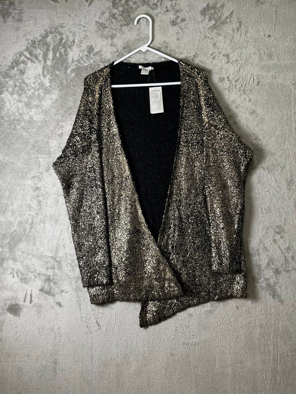 Alberto Makali Metallic Gold‎ Black Open Front Cardigan Large Draped Knit New